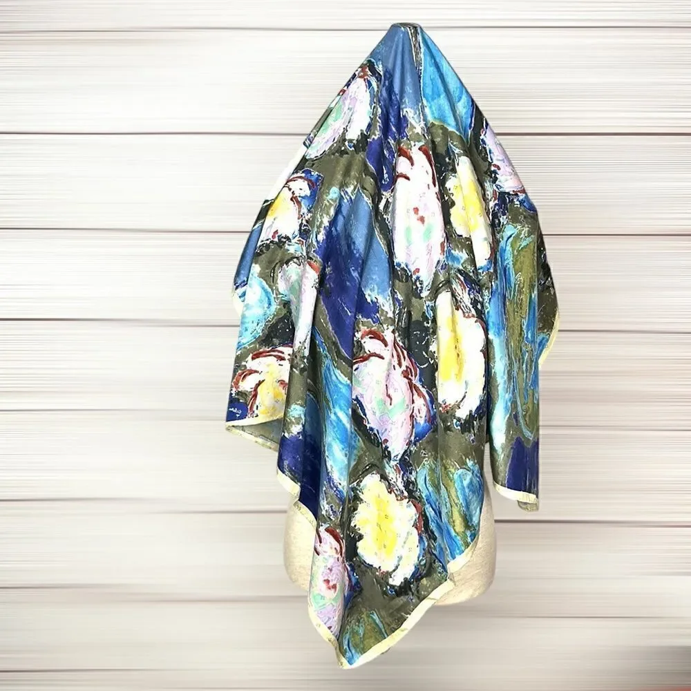 Water Lilies by MONET Scarf Vintage Silk Satin Square  Hand Rolled Blue Yellow